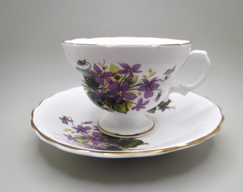 Bone China Teacup and Saucer | Purple Flowers | English Bone China
