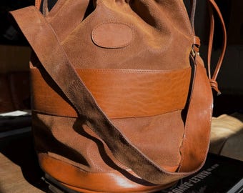 Vintage Suede Leather Bucket Bag | Brown Drawstring Shoulder Bag | Boho Minimalist Crossbody Purse