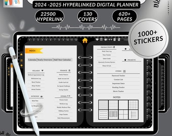 May include: Black digital planner with 22,500 hyperlinks, 130 covers, 620+ pages, and 1,000+ stickers. The planner includes sections for wellness, finances, fitness, productivity, notes, goals, and projects. The planner is for the years 2024-2025 and starts with Sunday and Monday.