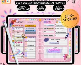 May include: A pink digital planner with a floral design. The planner includes 22,500 hyperlinks, 130 covers, 620+ pages, and 1,000+ stickers. The planner is for the years 2024-2025 and starts with Sunday and Monday.