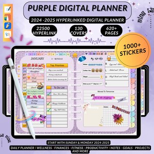May include: Purple digital planner with a floral design. The planner includes 22,500 hyperlinks, 130 covers, and 620+ pages. It also includes 1,000+ stickers. The planner is for the year 2024-2025 and starts with Sunday and Monday.