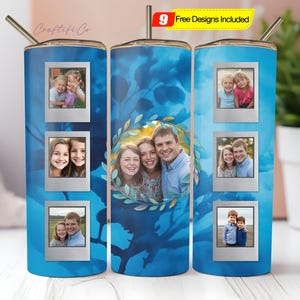 Royal blue tumbler wrap with 5 photo frames Photo tumbler seamless png for sublimation design 20oz skinny tumbler Picture tumbler design PNG