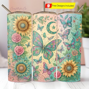 Celestial Boho Spring Butterfly 20 oz Skinny Tumbler Sublimation Design Digital Download PNG Instant Digital Only, Tumbler Wrap