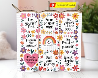 Affirmation Tumbler Wrap PNG Positive Inspirational Quotes Cute Floral Seamless Sublimation 20 oz Tumbler Design Digital Download