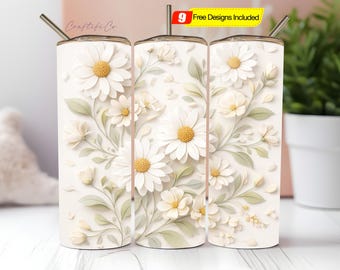 Diseño de envoltura de sublimación recta, margaritas blancas 3D sin costuras, envoltura de vaso delgado de 20 oz (PNG), flor de margarita blanca, vaso (PNG), plantilla