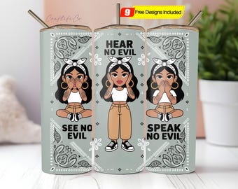Non vedo il male, Tumbler Wrap PNG, Tumbler Wrap sottile da 20 once con stampa a sublimazione, divertente design del bicchiere in stile Chola Chicana Latina Chibi