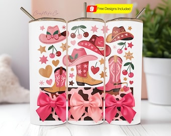 Coquette Cowgirl Tumbler Wrap, 20 Oz Skinny Straight Sublimation, Western, Cherries Bows Aesthetic, Floral Girly PNG Design Digital