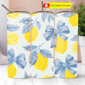 Lemon Bows 20oz Tumbler Wrap Floral Sublimation Design Coquette Tumbler Wrap Design for 20oz Skinny Rococo Tumbler PNG Wrap Download