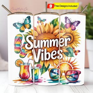 Summer Vibes Tumbler Wrap PNG, 20 Unzen Skinny Sublimationsbecher Design, Aquarell Sommer Sublimationsdesign, Flip Flop Tumbler Png Downloads