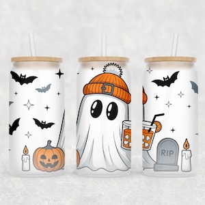 Ghost Halloween Uv Dtf, 16oz Libbey Glass Cup Tumbler Wrap, Pumpkin and Bats Libby Wrap, Spooky Uv Dtf Transfer, Mug Transfer