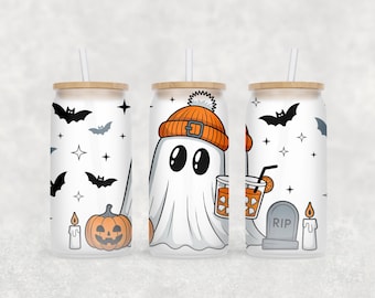 Papel de transferencia UV fantasma para Halloween, vaso de vidrio Libbey de 16 oz, papel de transferencia Libbey de calabaza y murciélagos, transferencia UV espeluznante, transferencia para taza