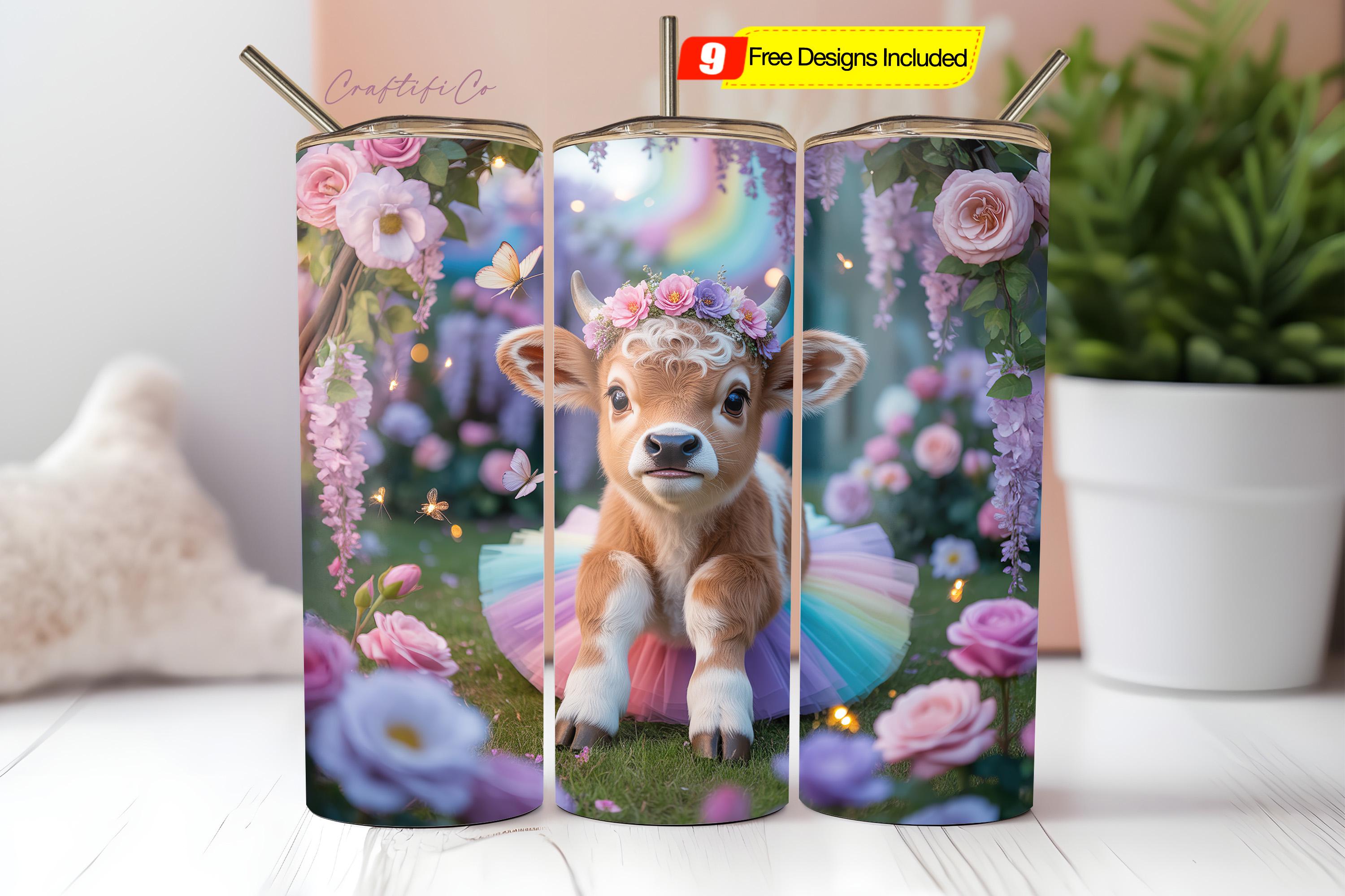 Highland Cow 20oz Tumbler Wrap PNG, Floral Butterfly Tutu