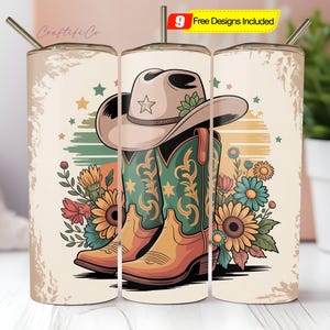 Western Cowboy Boots Tumbler Wrap Png, 20 oz Skinny Tumbler Sublimation Design Wrap, Digital Download, Straight Design PNG, Cactus & Flowers