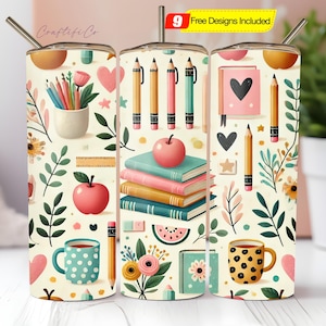 Cute Teacher Themed Tumbler Wrap 20oz Skinny Sublimation Design Coffee Books, and School Supplies Digital Download for Educators Teacher PNG