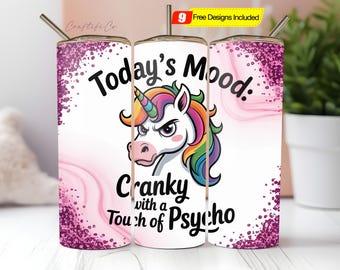 Envoltura de vaso de unicornio gruñón PNG, diseño de sublimación de vaso delgado de 20 oz, vaso divertido, sarcástico y atrevido, descarga digital PNG