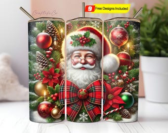 May include: Three stainless steel tumblers with a Christmas-themed design. The design features Santa Claus, ornaments, pine cones, and poinsettias. The tumblers have a straw and are decorated with festive holiday imagery.