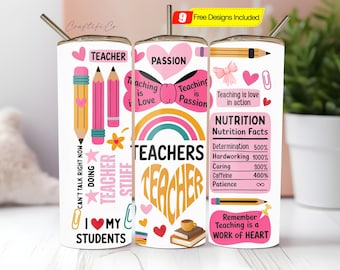 Teacher Life 20 oz Tumbler Wrap PNG, Teacher appreciation, Gifts for teachers, Teach Love Inspire, Back To School Png, Coquette pink bow
