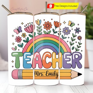 Personalized Teacher 20 oz Skinny Tumbler Wrap PNG, Custom Floral Teacher Tumbler Sublimation Design, Teacher Appreciation Digital Download