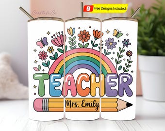 Personalized Teacher 20 oz Skinny Tumbler Wrap PNG, Custom Floral Teacher Tumbler Sublimation Design, Teacher Appreciation Digital Download