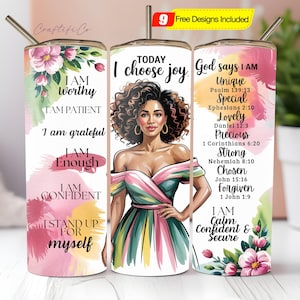 Könnte beinhalten: Drei Edelstahlbecher mit floralen und inspirierenden Designs. Ein Becher zeigt eine Frauenillustration und den Text "I choose joy". Die anderen beiden Becher haben Texte wie "I am worthy" und "God says I am unique".
