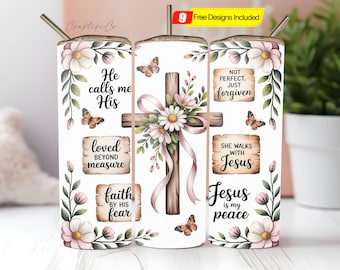 Cross Tumbler Wrap PNG, Boho Bible Verse 20 Oz Skinny Tumbler, Christian Floral Sublimation Wrap, God Faith Design Png, Jesus Tumbler Wrap