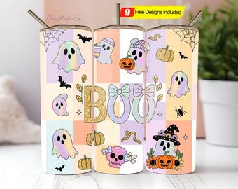 Preppy Coquette Iridescent Ghost Skinny Tumbler, Cute Ghost Pumpkin 20oz Tumbler Wrap, Neon Spooky Season Straight Tumbler Sublimation PNG