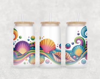 Zeeschelpen Libbey glasfolie png, zomer 16 oz glasblik wrap, strand glazen beker wrap, glasblik sublimatie wrap ontwerp downloaden