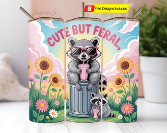 Cute But Feral Raccoon Sunflowers 20oz Tumbler Wrap - Tumbler Design Sublimation Digital Download PNG Sublimation Tumbler Wrap