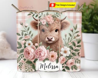 Highland Cow Tumbler Wrap Png Add Your Own Name Personalized Pink Flowers 20 Oz Tumbler Design Seamless Sublimation Instant Digital Download