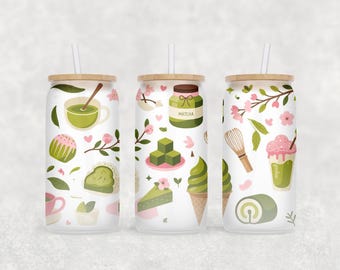 Matcha Girly Glass Can Wrap PNG, Kawaii Matcha Cup Wrap, Matcha Lovers Gift, Cute Pastel Cafe Aesthetic, Matcha Latte Girly Wrap, UV DTF