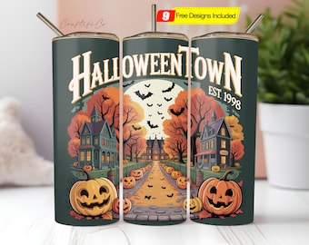 Halloweentown Tumbler Wrap PNG, Halloween Town Tumbler, 20 oz Skinny Tumbler, Halloweentown Est. 1998 Sublimation Design, Digital Download
