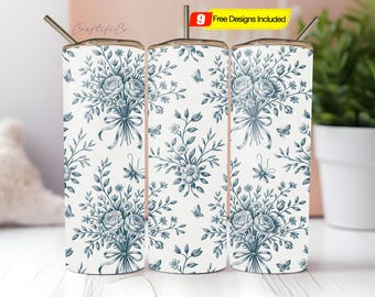 Bow Tumbler Wrap PNG Blue Chinoiserie Grand Millennial Tumbler Cup Toile De Jouy Png Spring Coquette 20oz Skinny Seamless Sublimation Design