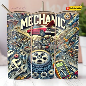May include: A set of three 20 oz stainless steel tumblers with a mechanic theme. The tumblers feature a red car, tools, and the word "Mechanic".