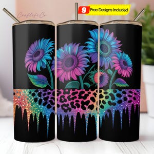 Sunflowers Tumbler Designs, Glitter Leopard 20oz Skinny Tumbler Wrap, Seamless Glitter Tumbler Template, PNG Digital Download