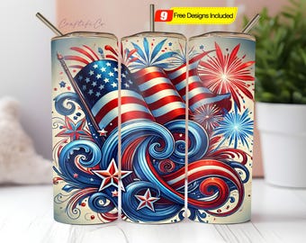 Amerikanische Flagge Tumbler Wrap, 20 Oz Skinny Sublimation Tumbler PNG, Nahtloses Feuerwerk 4. Juli Tumbler Digital File Download