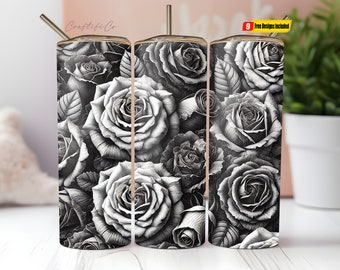 3D Black Roses, Flowers, Floral, 20 Oz Skinny Sublimation Tumbler Wrap Digital Design PNG File Download 20oz Tumbler Wrap Abstract Design