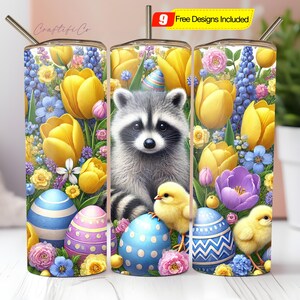 Cute Raccoon Easter Spring 20 oz Skinny Tumbler Sublimation Design Digital Download PNG Instant Digital, Tumbler Wrap