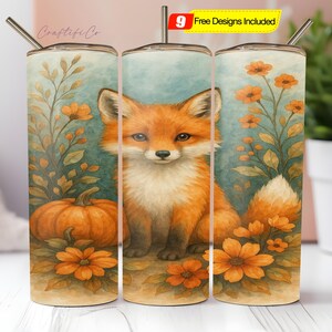 Fox Fall Tumbler Wrap PNG, Baby Fox Country 20 Oz Skinny Sublimation Tumbler PNG, Seamless Autumn Pumpkins Flowers Tumbler Digital Download