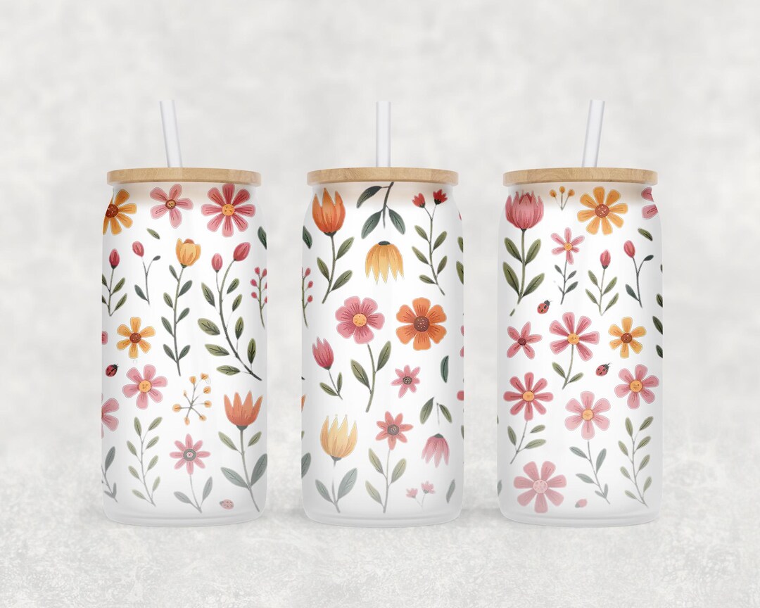 Dainty Wildflowers Glass Can Wrap PNG, Seamless 16oz Glass Can Tumbler ...
