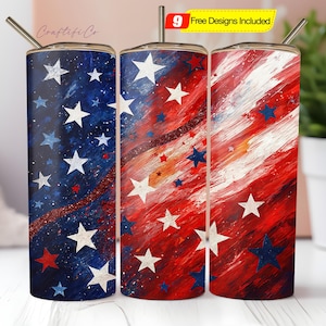May include: Three stainless steel tumblers with different American flag designs. The tumblers are all 20 ounces and have a white, red, and blue colour scheme. The designs include a blue background with white stars, a red background with white stars, and a red, white, and blue abstract design.
