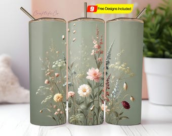 Wildflower Meadow Tumbler Wrap PNG, Sage Green Background Floral Sublimation Design, 20oz Skinny Tumbler Sublimation, Spring Flowers Gift