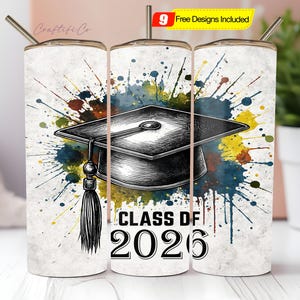 Graduation Class of 2026 Tumbler Wrap PNG, Senior Graduation Cap 20 Oz Skinny Tumbler Sublimation PNG, Trendy Grad Tumbler Digital Design