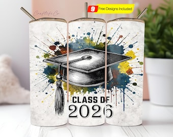 Kubek termiczny dla absolwentów rocznika 2026, PNG, czapka absolwenta, 20-uncjowy, cienki kubek termiczny, sublimacja, PNG, modny cyfrowy projekt kubka termicznego dla absolwentów