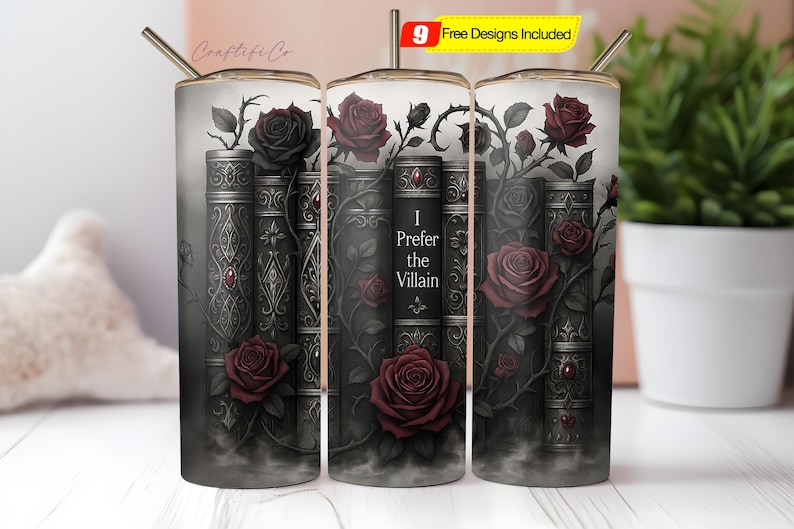 a set of three travel mugs with roses on them