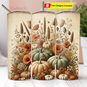 Höst Tumbler Wrap Png Pumpor Tumbler Slim 20oz Höstblommor Sublimeringsdesign Boho Blommig Vildblommor PNG Halloween Tumbler Ladda ner
