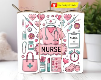 Envoltura para vaso de enfermera PNG, diseño de sublimación de enfermera delgada de 20 oz, regalo de enfermera personalizado rosa, regalo digital personalizado para estudiantes de enfermería
