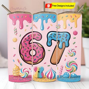 Puede incluir: Vasos aislados rosas con un diseño de caramelos coloridos. El diseño incluye una rosquilla rosa con el número 67, conos de helado, piruletas y chispas. Cada vaso tiene una pajita plateada y una tapa con un goteo temático de caramelos.