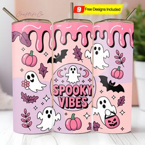 3D Spooky Vibes Inflated Tumbler Wrap PNG, 3D Puffy Pumpkin 20oz Tumbler Sublimation Puffy Pink Halloween, 3D Ghost Tumbler Digital Download