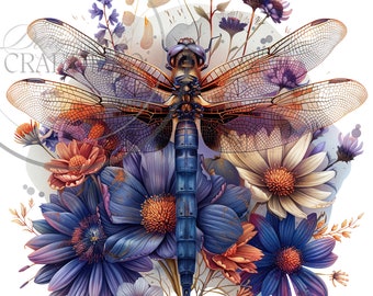 Watercolor Dragonfly Floral Clipart Sublimations Bundle, Insect PNG Clipart, Decorative Collection, Dragonflies Card Making Invitation PNG