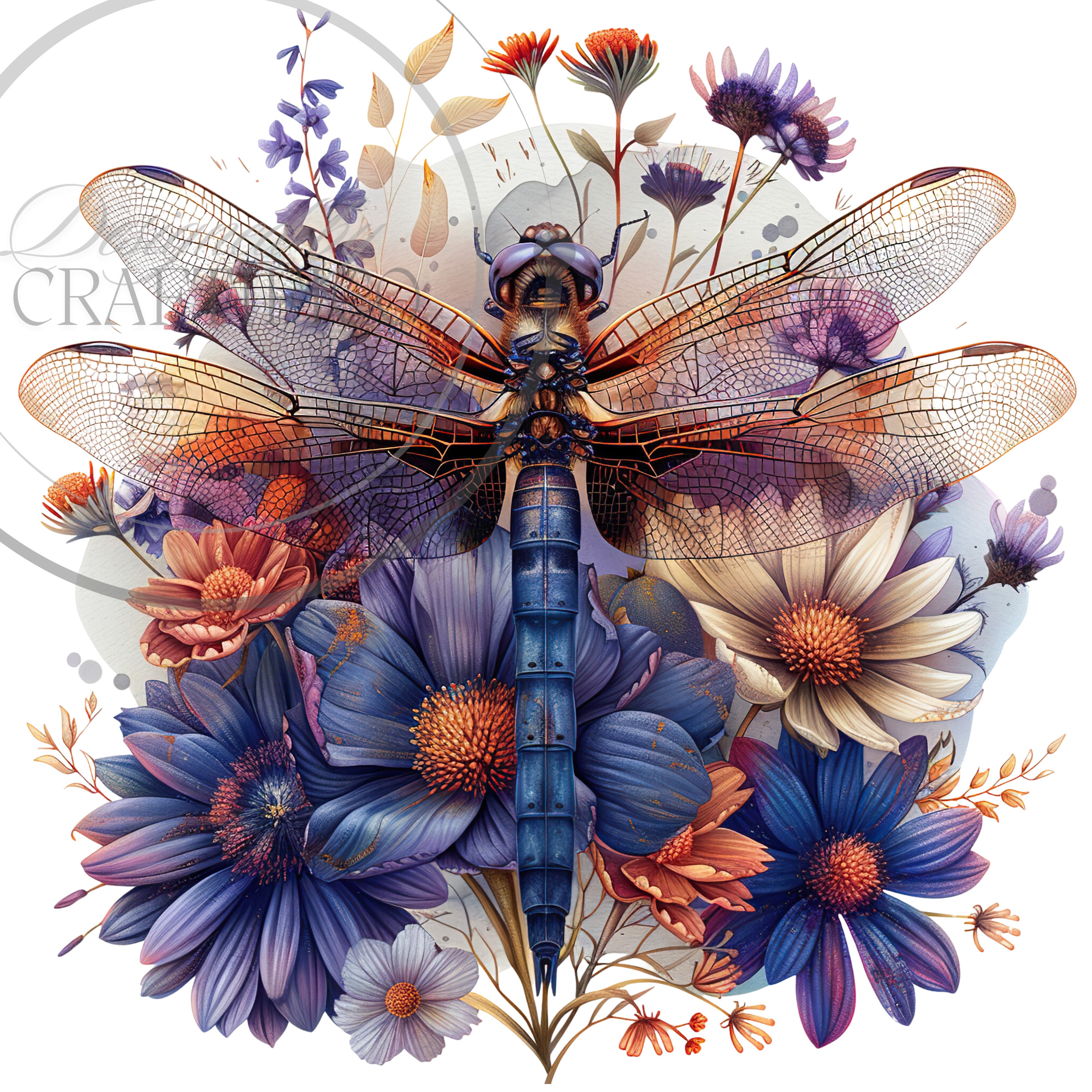 Watercolor Dragonfly Floral Clipart Sublimations Bundle, Insect PNG ...